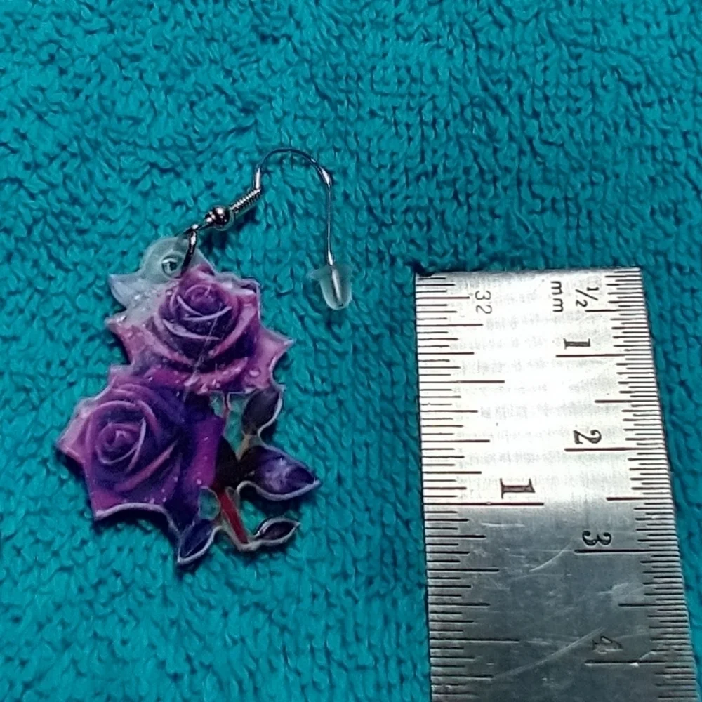 Wire dangle earrings purple rose roses cute pretty